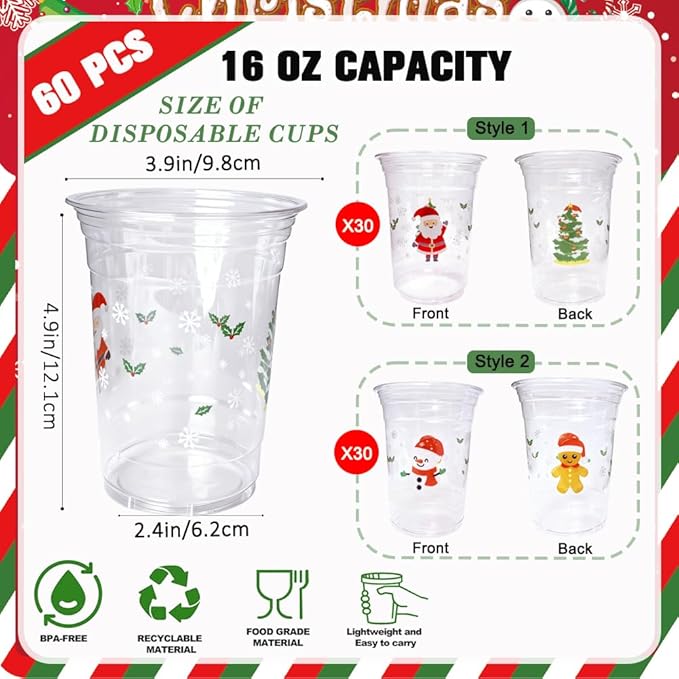 60 Pcs Christmas Cups, 16 oz Disposable Christmas Plastic Cups Snowflake Xmas Trees Santa Claus Snowman Gingerbread Man Party Cups for Winter Holiday Party Supplies