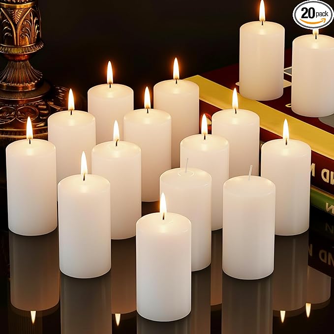 Set of 20 Pillar Candles, Unscented White Wax Pillar Candle with 30 Hours Burn Time, 2x4 Inch, Elegant Decorative White Candles for Weddings, Centerpiece, Home Decor