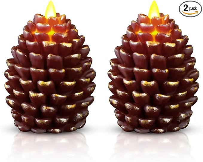 Christmas Pinecone Candles Flameless,Battery Operated Candles with Flickering Wick,Indoors Fake Candle,Christmas Candle Pine Cones Holiday Decor,Winter Thanksgiving Decorations,Set of 2