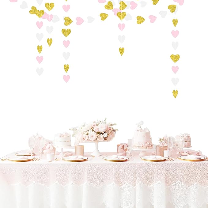 White Gold Pink Party-Decorations - 52Ft Paper Heart Streamers Garland Banner Women Birthday Bridal Shower Wedding Bachelorette Engagement Hanging Decor HongTongTong