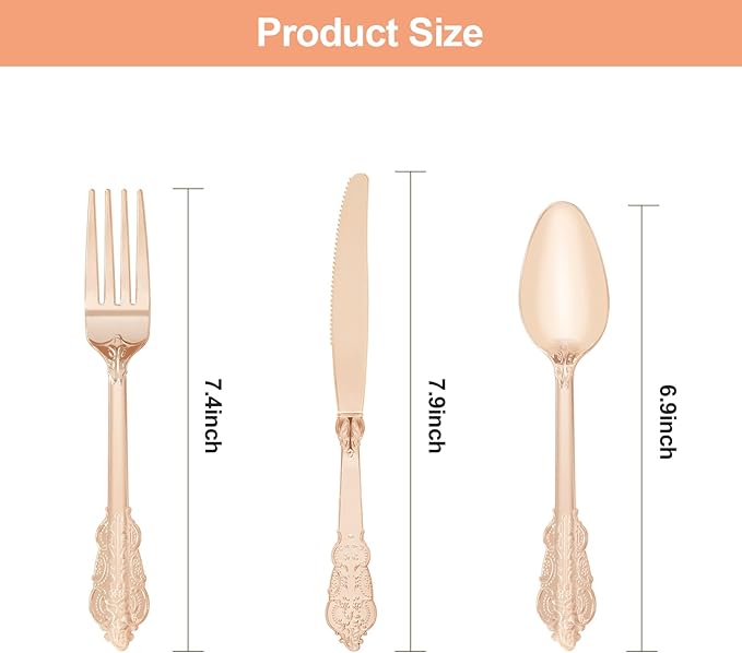 75PCS Rose Gold Plastic Silverware for 25 Guests, Heavy Duty Rose Gold Disposable Utensils Sets, Includes 25 Forks, 25 Spoons, 25 Knives, Elegant Cutlery Perfect for Wedding or Party