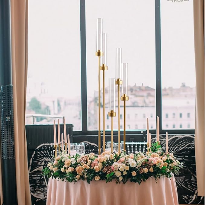 5 Arm Candelabra with Acrylic Lampshade Set of 4 Gold Candelabra for Wedding Table Birthday Party Home Decoration 39.4'' Candle Holder Fit LED Taper Candles