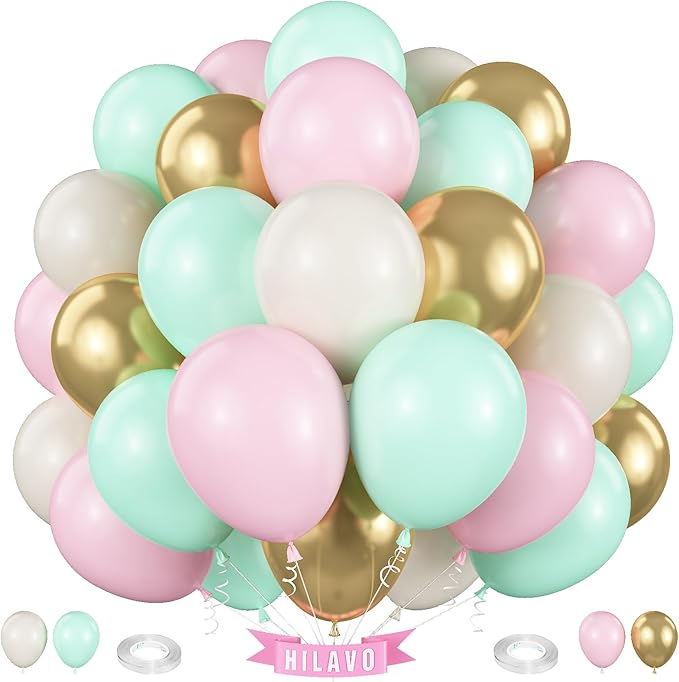 Pink and Green Balloons Pastel Green Pink White Sand Gold Metallic Balloons Nut Sugar Fairy Theme Balloon Set for Winter Wonderland Snow Ice Spring Birthday Christmas Baby Shower Party Decorations
