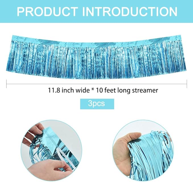 BEISHIDA 3 Packs Metallic Foil Fringe Garland Baby Blue Wall Hanging Tinsel Fringe Banners for Car Floats Bridal Shower Wedding Birthday Easter Graduation Holiday Party Decoration(30 Feet)