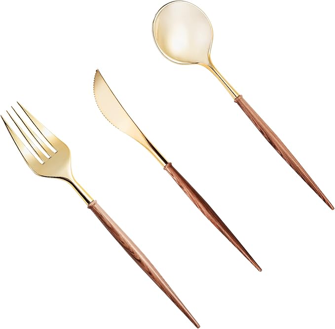 Lullaby 240PCS Gold Plastic Silverware, Gold Disposable Cutlery with Wood Grain Handle Include 80 Forks, 80 Spoons, 80 Knives, Elegant Disposable Silverware for Wedding, Party, Gathering, Daily Use