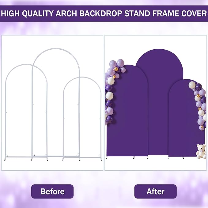 (7.2FT, 6.6FT, 6FT) Wedding Arch Cover Set of 3 Puple Spandex Fitted Arch Cover for Round Top Chiara Backdrop Stand Covers for Birthday Party Banquet Photo Background Decoration