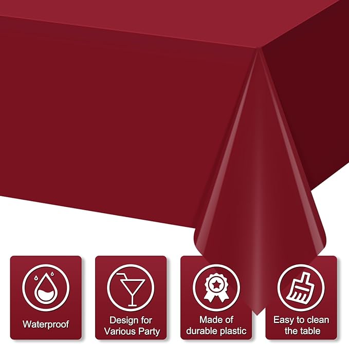12 Pcs Maroon Black White Plastic Tablecloths Bulk,54 x 108 Inch Disposable Rectangle Party Table Cloth Waterproof Table Cover for Birthday Wedding Anniversary Graduation Party Decorations Supplies