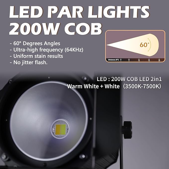 200W LED Stage Light, COB Par Lights with Barn Doors, DMX Blinder Stage Lighting Sound Activated for Wedding Live Show Christmas Party (Warm White & Cool White 2PC)