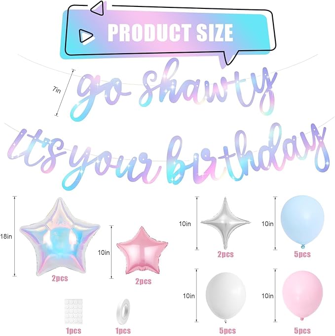 Iridescent Go Shawty It's Your Birthday Banner Balloons Set, Glitter Happy Birthday Banner with Pink Blue White Balloon Star Foil Balloon for Girls Women Hip Hop Rap Theme Birthday Party Decorations