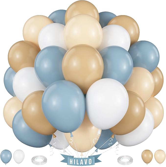 Dusty Blue White Balloons 60 Pcs Dusty Blue White Sand Balloons 12 Inch Neutral Boho Slate Blue Cream Beige Apricot Nude Brown Balloon for Boys Men Bear Bridal Baby Shower Birthday Party Decorations