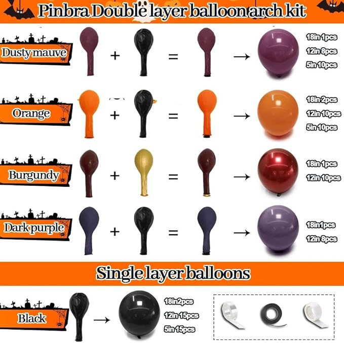 Halloween Balloon Arch Double Stuffed Black Purple Orange Balloons Burgundy Red Dark Mauve Plum Balloon Garland for Birthday Festival Baby Shower Indoor Outdoor Halloween Party Decorations