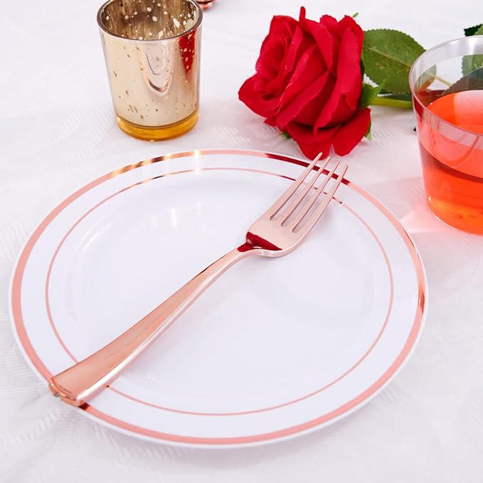 WDF 300 Pieces Rose Gold Plastic Silverware- Disposable Flatware Set - Heavy Duty Plastic Cutlery Includes 100 Forks, 100 Spoons, 100 Knives Perfect for Wedding, Party