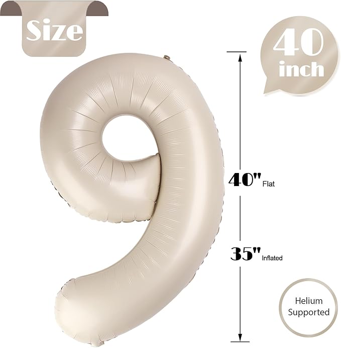 Cream Number 9 Balloon 40 Inch, 9th Birthday Party Decorations for Children, Giant 9 Foil Balloon for Party Supplies