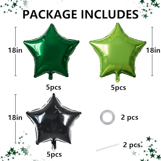 TONIFUL 15Pcs 18 Inch Large Green Black Star Shape Foil Balloons Big Stars Helium Mylar Ballons for Birthday Wedding Baby Shower Anniversary Engagement Party Decorations Supplies