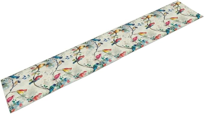 Birds Flowers Spring Table Runner,Watercolor Floral Leaves Seasonal Home Party Kitchen Dining Table Decoration 13x60 in