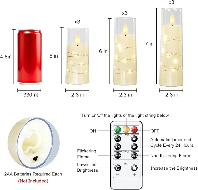 Raycare Flameless Candle with Remote Timer – 9 Flickering Acrylic Battery Operated LED Pillar Candles with Embedded Star String for Christmas, Home Decor, and as a Gift (Ivory)