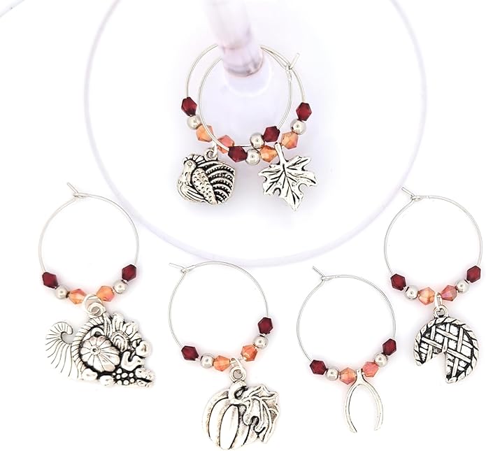 Thanksgiving Wine Charms, Turkey, Leaf, and Pumpkin Wine Charms, Thanksgiving Gifts, Glass Tag Identifier, Cornucopia, Apple Pie, Wishbone, Dinner Party Supplies and Party Favors - 6 Pack