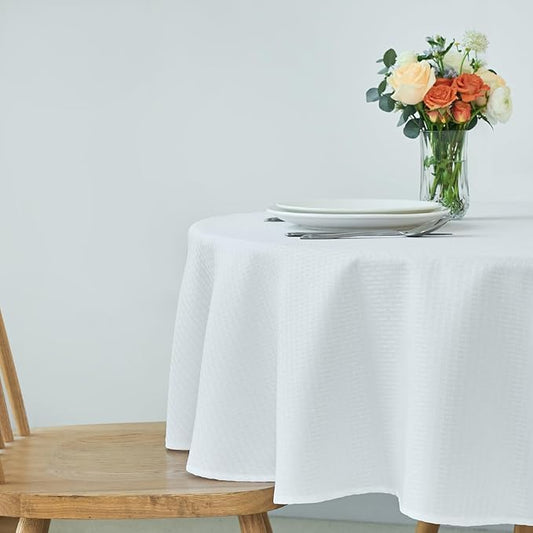 maxmill Round Weaved Texture Design Tablecloth Spill-Proof Wrinkle Free Soft Washable Table Cloth for Circular Table Cover, for Dining Room Buffet Banquet Parties Holiday Dinner, 70 Inch White