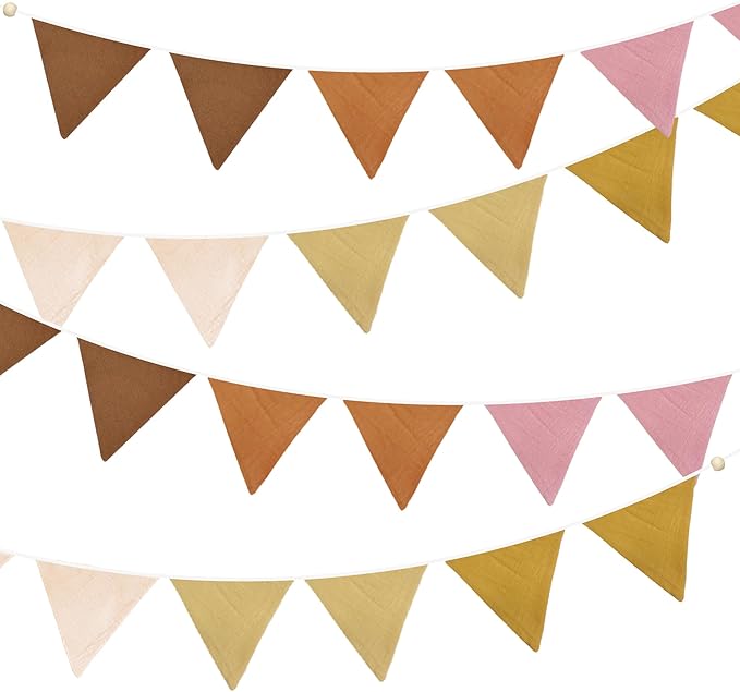 2 Sets of Yellow Dusty Pink Brown Nursery Garland 24pcs Linen Fabric Baby Banner Triangle Pennant Flags Streamers for Kids Girls Birthday Boho Baby Shower Party Decorations Baby Bedroom Nursery Decor