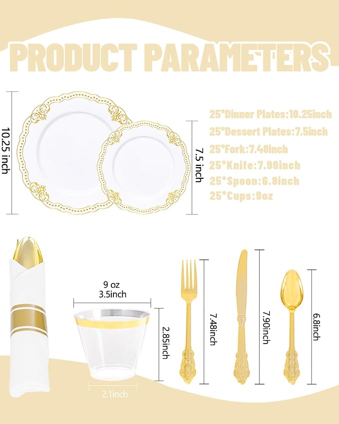 Ciaell 350 PCS Gold Plastic Plates - White and Gold Plates - Gold Disposable Plates Include 50 Disposable Plate, 150 Heavy Duty Silverware, 50 Cups, 50 Napkins for Wedding & Party & Thanksgiving