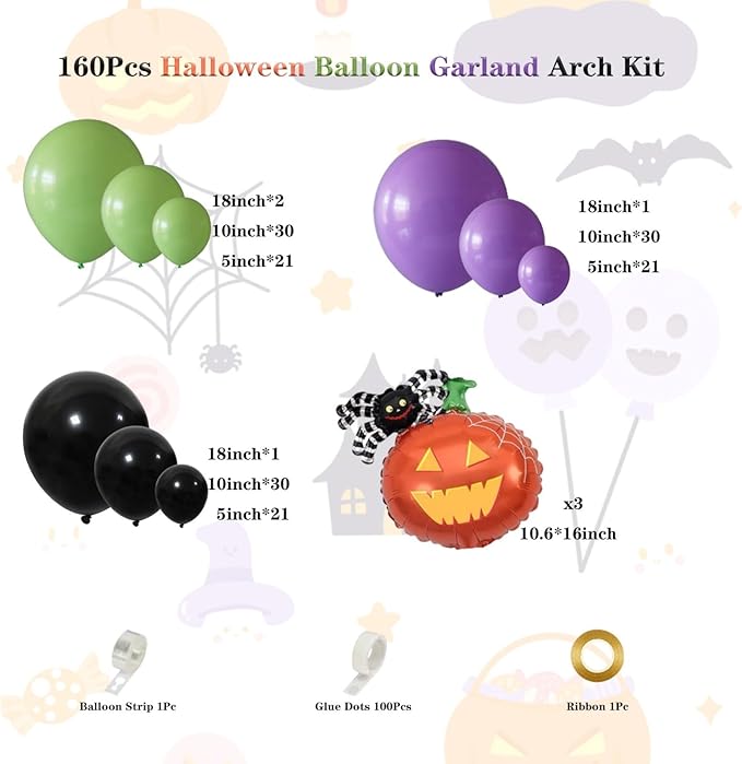 Halloween Balloon Garland Arch Kit, 160Pcs Green Purple Black Balloons with Soider Pumpkin Foil Balloons for Halloween Party Decorations