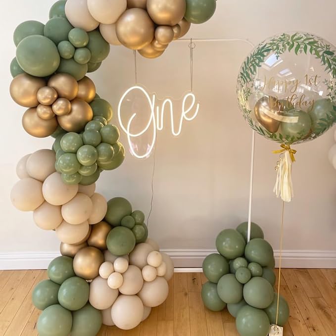 Sage Green and Gold Balloons, 60pcs 12 Inch Sage Green White Sand Balloon Set with Metallic Chrome Gold Confetti Latex Helium Balloons for Jungle Safari Forest Theme Birthday Graduation Party Supplies