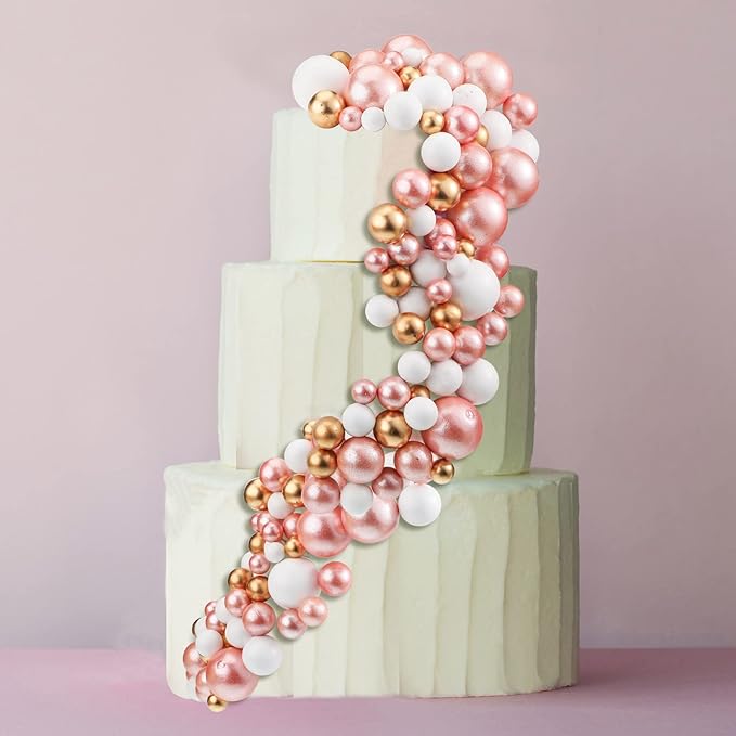 108 Pcs Balls Cake Topper DIY Cupcake Insert Foam Balloons for Cake Baking Wedding Anniversary Birthday Decoration(Rose Gold, White, Gold,Multi Sizes)