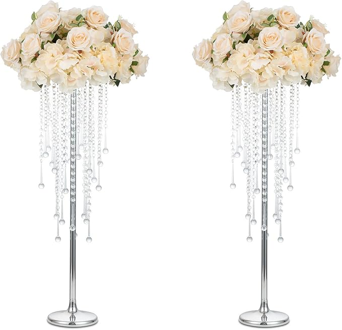 Sziqiqi Silver Tall Vases for Wedding Centerpiece - 29.5in Metal Flower Crystal Centerpieces Stand with Crystal Beads for Event Party Reception Center Piece Floral Arrangements