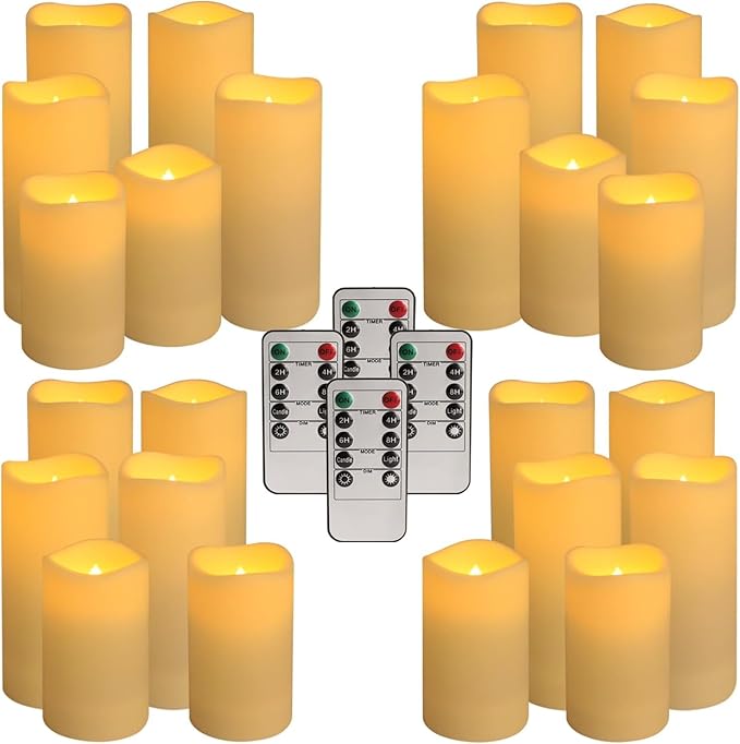 Set of 24 Waterproof Outdoor Flameless Candles, LED Candles with 4 Remote and Timer,(H 4" 5" 6" x D 2.2"),for Christmas,Halloween,Wedding,Festival