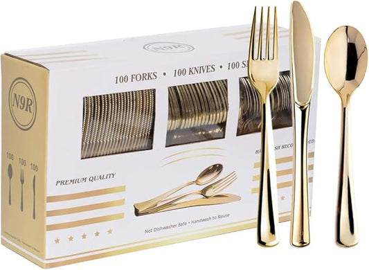 N9R 300PCS Gold Plastic Silverware, Heavy Duty Gold Plastic Cutlery Set Disposable Flatware Dinnerware, 100 Forks, 100 Spoons, 100 Knives, Perfect for Party, Wedding and Daily Use