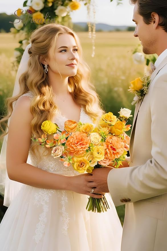 Serwalin Artificial Yellow Orange Fall Flowers, Autumn Silk Fake Flowers for DIY Wedding Bouquets Cake Flower, Table Centerpieces Baby Shower Birthday Party Home Decorations