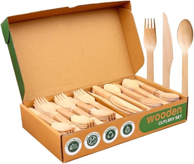300 Pcs Disposable Wooden Cutlery Set (150 Forks, 50 Knives, 100 Spoons) – Eco Pack, Wooden Premium Cutlery Utensils for Sustainable Living, Perfect for Picnics & Everyday Use by Zestium