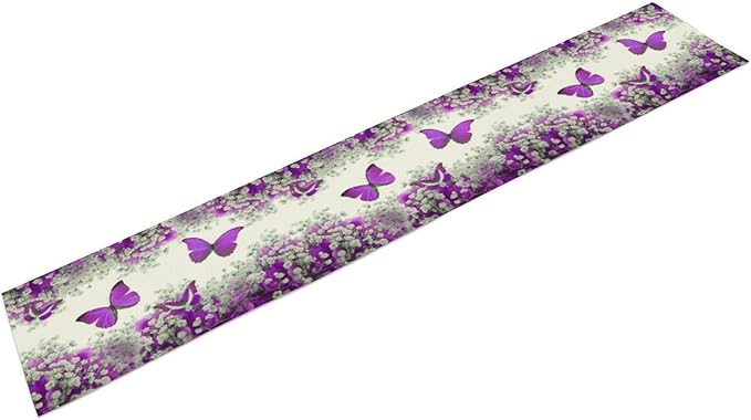 Floral Butterfly Spring Table Runner, Purple Flowers Seasonal Kitchen Dining Table Decoration for Home Party Decor 13x60 Inch