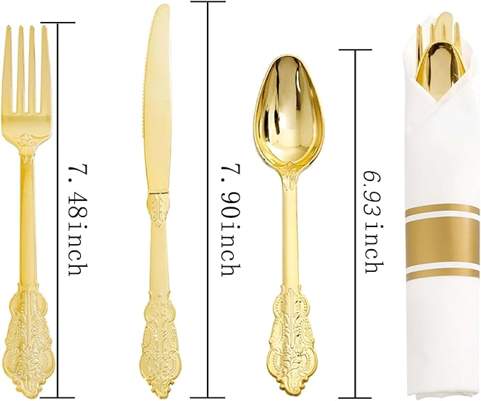 Liacere 400PCS Gold Plastic Silverware - Pre Rolled Napkins Disposable Gold Plastic Cutlery-Premium Quality Utensils-Includes 100Forks,100Knives,100Spoons,100 Napkins & Wedding & New Year
