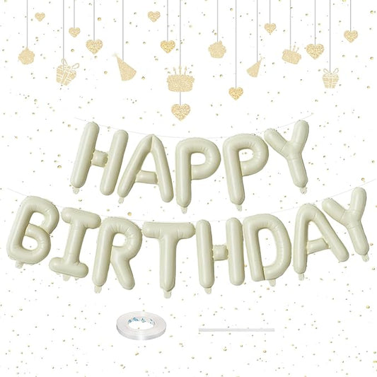 16 Inch Beige Happy Birthday Balloon Banner, Cream White Foil Happy Birthday Balloons Sign for Boys Girls Men Women Birthday Party Decorations Supplies