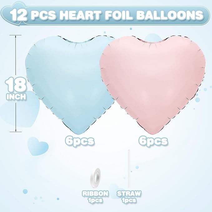 Pink Blue Heart Balloons,12Pcs Baby Pink Heart Shaped Foil Balloons,18Inch Pastel Blue Helium Balloon for Baby Shower Birthday Anniversary Wedding Party Decorations