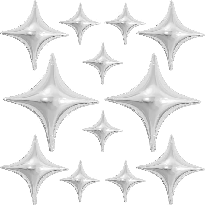 12PCS Silver Star Balloons, 24in 18in 10in Four Angle Star Shaped Balloon Silver Foil Balloons for Wedding Baby Shower Birthday New Year Party Decorations