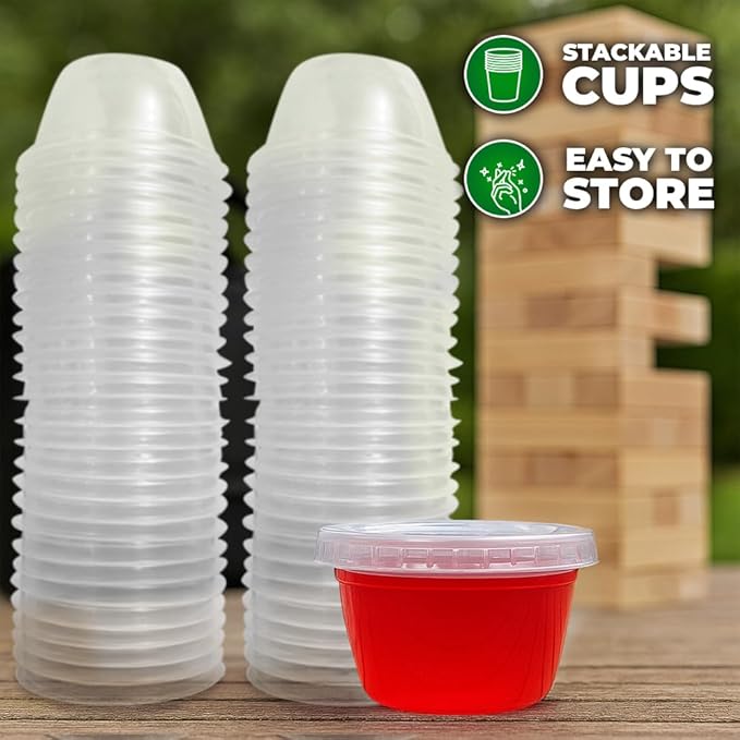 SWOOC Games – 105 Extra/Replacement Gelatin Shot Cups & Lids for Giant Tower Party Game – Clear Plastic & Leak Proof - Perfect Size for Hidden Shot Blocks - Tipsy Topple Game for Adults - Block Games