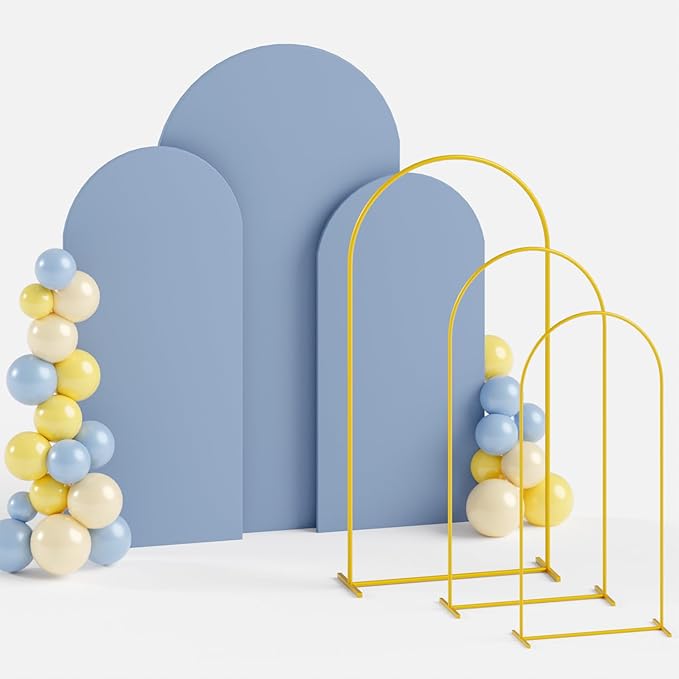 Metal Arch Backdrop Stand and Cover Set 4&5&6ft Gold Arches Stands Dusty Blue Arch Covers Stretchy Backdrop Wedding Backdrops Arched Stand with Cover for Wedding Party Banquet Event Decor