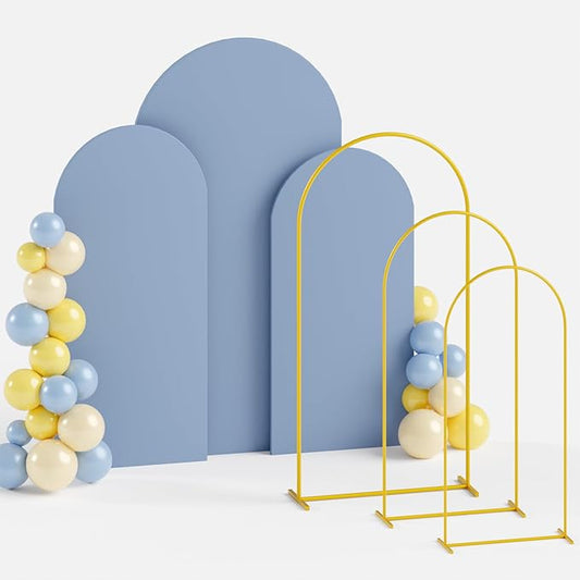 Metal Arch Backdrop Stand and Cover Set 4&5&6ft Gold Arches Stands Dusty Blue Arch Covers Stretchy Backdrop Wedding Backdrops Arched Stand with Cover for Wedding Party Banquet Event Decor