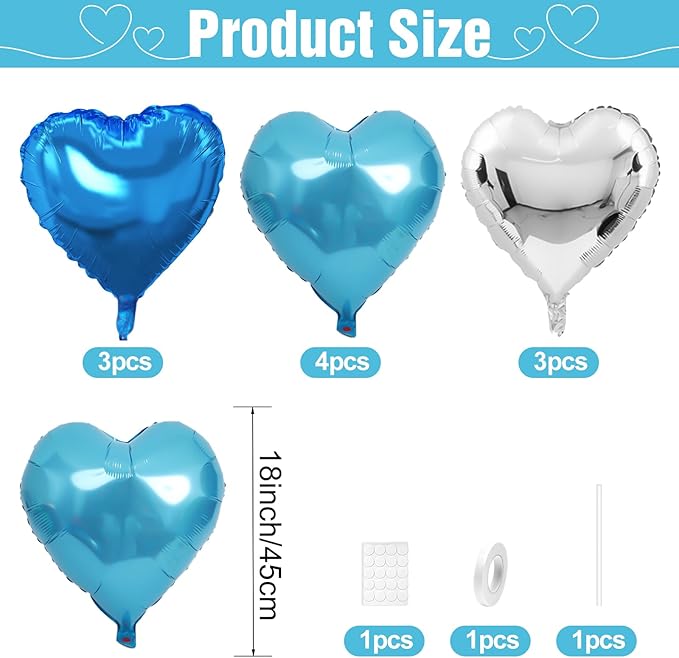 Blue Silver Heart Balloons,10Pcs Light Blue Foil Heart Shaped Love Balloons,18Inch Silver Helium Polyester Film Balloon for Valentines,Engagement,Birthday,Anniversary,Wedding Party Decorations