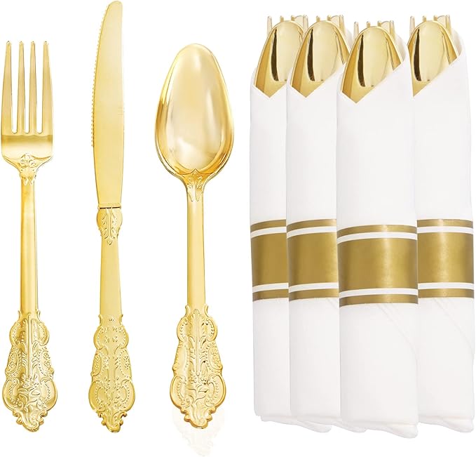 Liacere 30 Pack Gold Plastic Silverware - Premium Quality Gold Plastic Utensils - Includes 30 Forks, 30 Knives, 30 Spoons, 30 Napkins & Thanksgiving