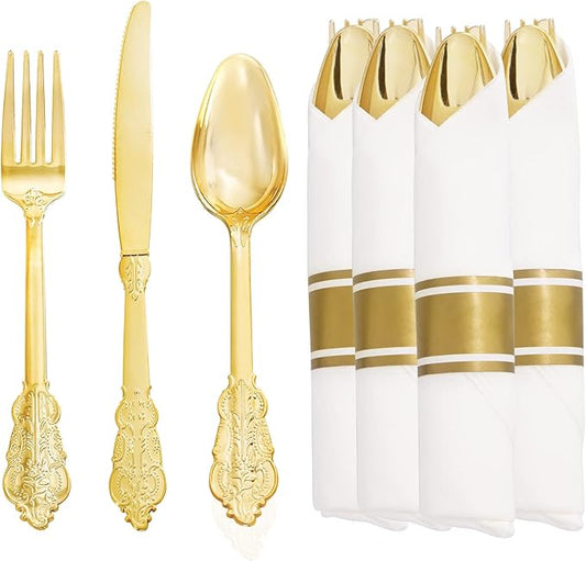 Liacere 30 Pack Gold Plastic Silverware - Premium Quality Gold Plastic Utensils - Includes 30 Forks, 30 Knives, 30 Spoons, 30 Napkins & Thanksgiving
