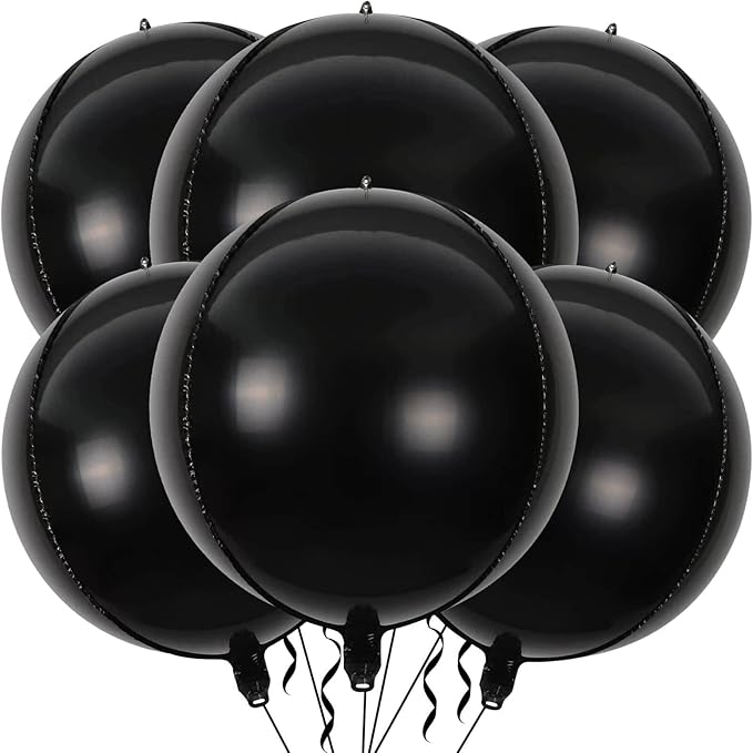6 Pack Black 22 Inch 4D Foil Balloons Big 360 Degree Round Sephere Mylar Balloons Mirror Finish Metallic Balloons for Wedding,Birthday,Bachelorette,Baby Shower Decorations Party Supplies