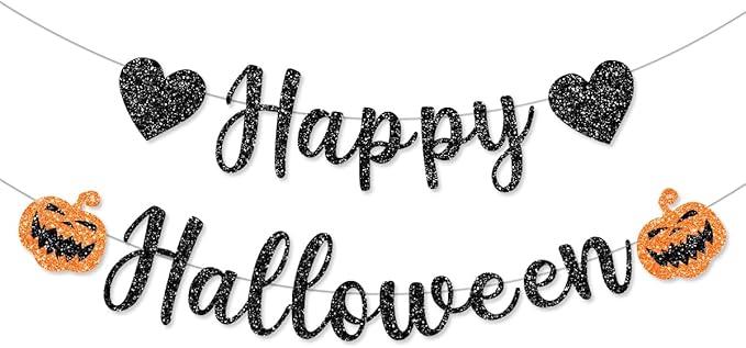 Pre-Strung Black Glitter Halloween Decorations Banner for Haunted House with Pumpkin Decorations Happy Halloween Mantle Home Party Decor Indoor Outdoor NO DIY