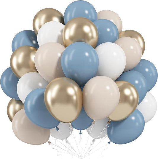 Dusty Blue Beige Balloons, 12 Inch Fog Blue Sand White Balloons with Cream Ivory Metallic Gold Balloon for Baby Shower Boho Bridal Shower Birthday Wedding Engagement Party Decorations Supplies