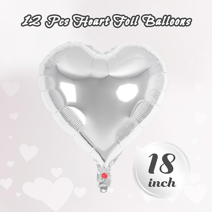 12 Pcs Sliver Heart Balloons,18 Inch Heart Shape Foil Balloons Love Balloon Valentine Balloon for Birthday Party Wedding Engagement Party Baby Shower Valentine Day Decorations (sliver)