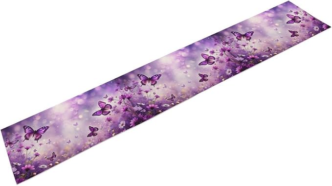 Flowers Butterfly Spring Table Runner, Purple Floral Seasonal Kitchen Dining Table Decoration for Home Party Decor 13x90 Inch