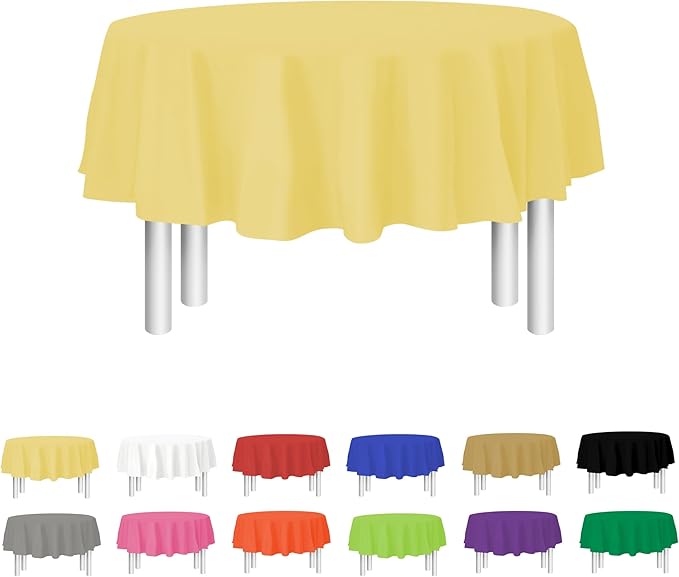 Party Dimensions Yellow Disposable Plastic Tablecloth for Round Tables (12 Pack) 84 inches Table Cloths for Parties, Events & Weddings, Indoors & Outdoors, Plastic Table Cover