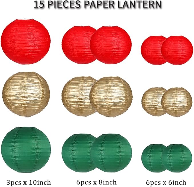 Paper Lanterns Decorative, Round Hanging Paper Lanterns Decorations for Christmas Graduation Anniversary Birthday Party Supplies Green/Red/Gold 15pcs
